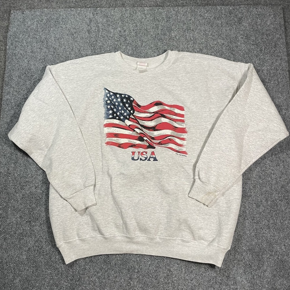 Vintage Patriotic Sweatshirt Womens XL Gray American Flag USA Crewneck Pullover